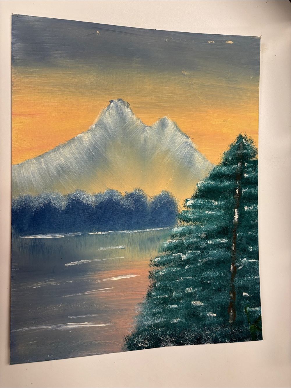Fred Tranquil Sunset Lake Painting in Blue, Yellow, and Green